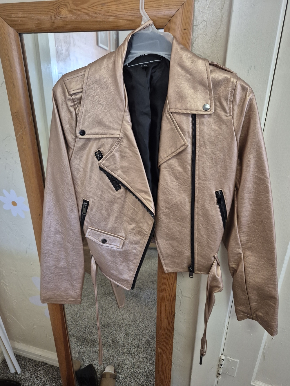 Buckle Metallic Rose Gold Moto Jacket with Black Trim